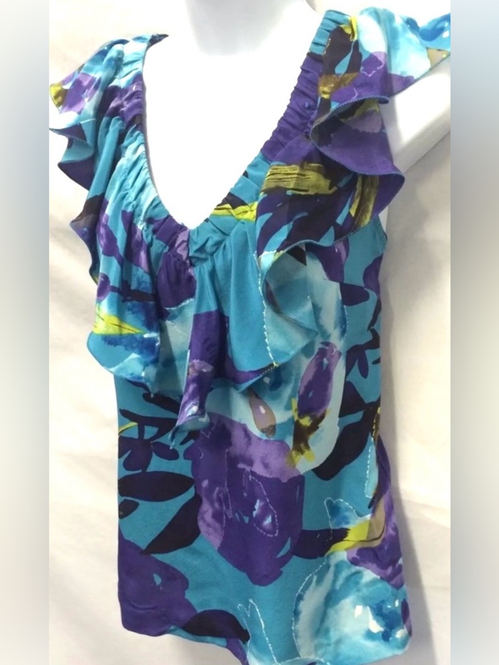 TRINA TURK Blouse Top Silk Ruffle V Neck Blue Sleeveless - Picture 4 of 7